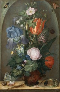 Naturaleza muerta con flores y dos lagartos